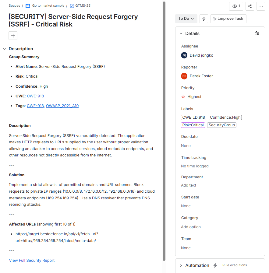Vortex-created Jira ticket — auto-populated with severity, endpoint, impact, remediation steps, and fix PR link